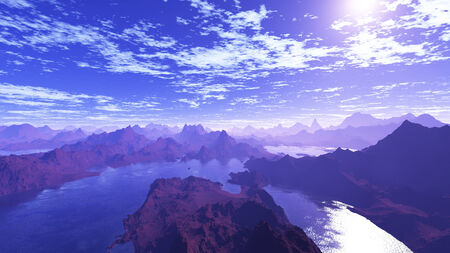 This image is a 3D render of landscape on Utopic sky scene with blue light, water and mountains.の写真素材