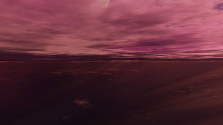 This image is a 3D render of landscape on Utopic sky scene with purple light, clouds and a bright sun.の写真素材