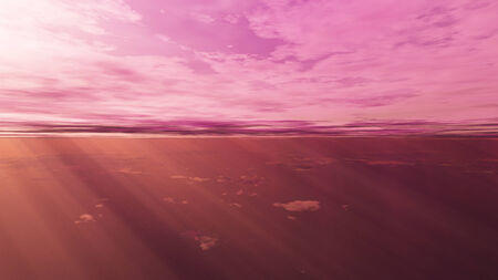 This image is a 3D render of landscape on Utopic sky scene with purple light, clouds and a bright sun.の写真素材