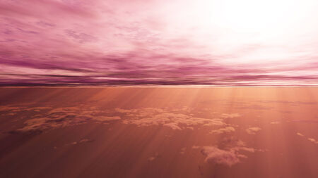 This image is a 3D render of landscape on Utopic sky scene with purple light, clouds and a bright sun.の写真素材