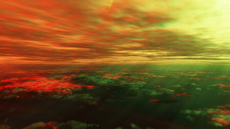 This image is a 3D render of landscape on Utopic sky scene with red light and fog.の写真素材