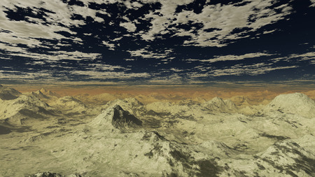 This image is a 3D render landscape of high mountains under a blue sunny sky with clouds.の写真素材