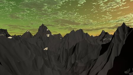 This image is a 3D render of landscape on Utopic sky scene with bright sunlight and mountains.の写真素材