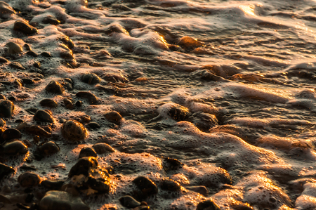 Wet golden stones on a sunset beach.の写真素材