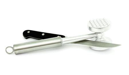 Mallet  beating the meat and a kitchen knife a steelの写真素材
