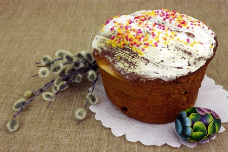 Easter still life  Celebratory sweet cake and egg