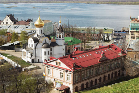 RUSSIA, NIZHNY NOVGOROD - MAY 01, 2014: View of the Church of Our Lady of Kazan to the Kremlin wall. This church was destroyed during the Soviet era and the newly restoredのeditorial素材