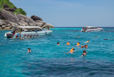 Similan Islands, Thailand Feb 27 , 2015: Travelers are swimming and snorkeling in Andaman sea. Warm and Clear Ocean at Similan island on February 27, 2015のeditorial素材