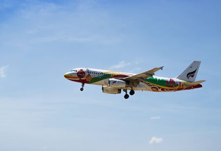 PHUKET, THAILAND - MAR 02 2014: HS-PGU Airbus A320-200 of Bangkok Airway. Landing in Phuket International Airport from Bangkok Suvarnabhumi, thailand.のeditorial素材