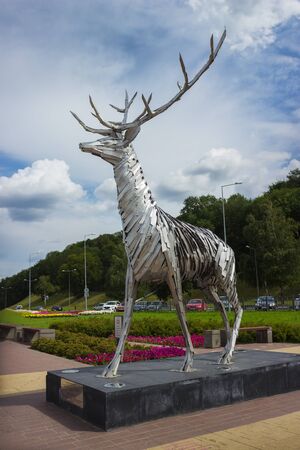 NIZHNY NOVGOROD, RUSSIA - JUL 19, 2015: Metalic sculpture of a deer. The deer is a symbol of Nizhny Novgorodのeditorial素材