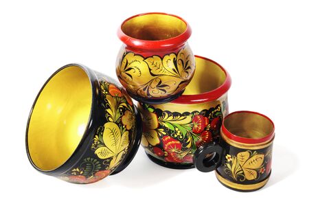 Wooden dishes, painted with floral ornament in the style of Khokhlomaの写真素材