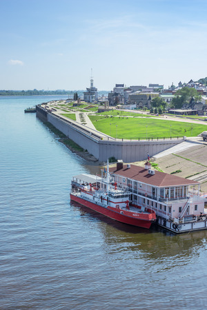Nizhny Novgorod, Russia - June 24, 2018: Landing stage on the river for berthing of river small craft shipsのeditorial素材