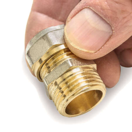 New double G floor of inch tube adapter threaded connector, in the hand of a specialist on white...