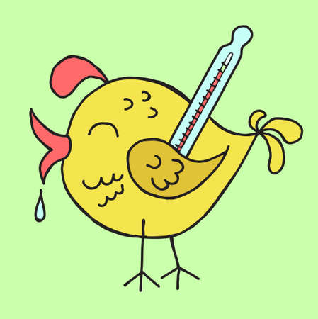 Color illustration of bird with thermometer. She is sick with bird flu