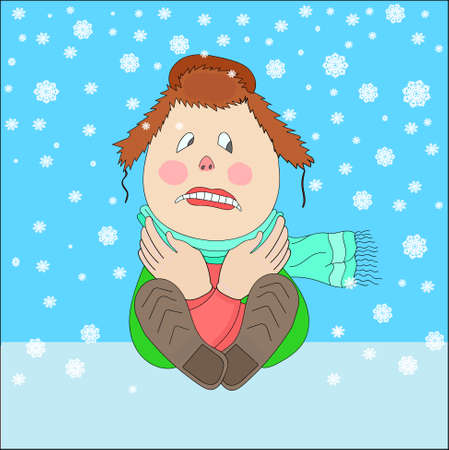Man freezing in winter cold wearing woolen hat and with scarf.のイラスト素材