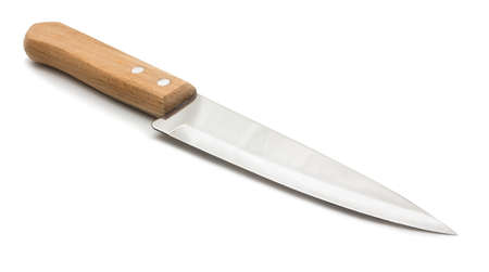 Everyday tool in  kitchen. Chefs sharp knife with wooden handle on white background