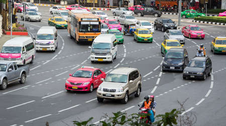 BANGKOK, THAILAND - CIRCA FEB 2015: Everyday street scene with transport and the with unidentified...