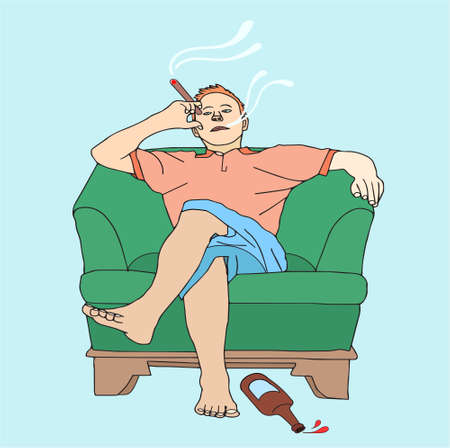 Feeling unwell after tobacco and alcohol drinking. A man with a hangover in armchair. Illustrationのイラスト素材