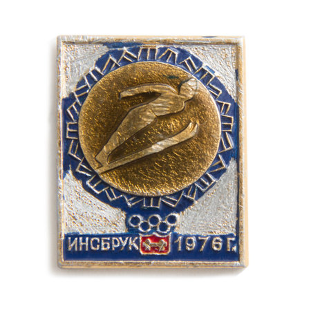 Nizhny Novgorod, Russia - Mar 08, 2023.: Old Soviet badge is Dedicated Winter Olympics. Caption: Innsbruck 1976のeditorial素材