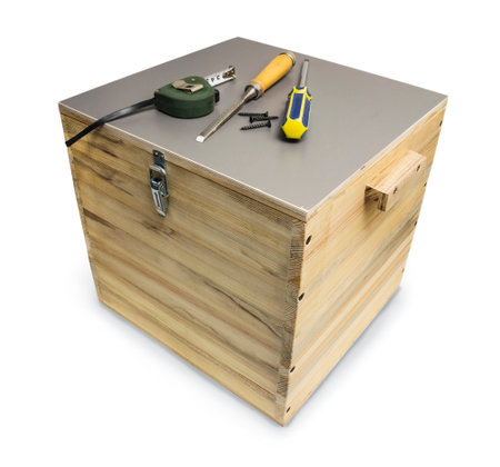 Storage box for various household items, made from wood waste hand-madeの写真素材