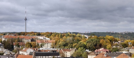 Panoramic view, Vilnius old town . Television tower. Autumn hills at a Vilnius の写真素材