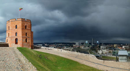 Gediminas tower on a storm sky background. This tower is an important state and historic symbol of the city of Vilnius and of Lithuania.の写真素材