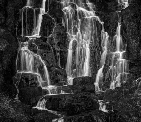 Waterfall below Old Man of Storr, near Portree, Isle of Skye, Highland, Scotland, United Kingdom, Europeの写真素材