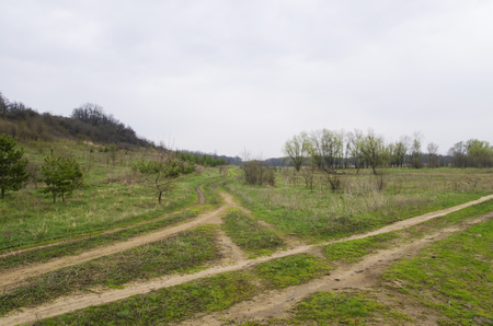 Crossroads of field roads, spring landscapeの写真素材