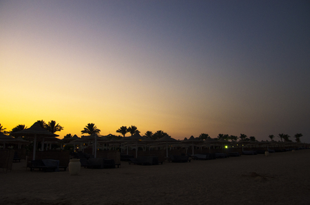 Equipped beach at sunsetの写真素材