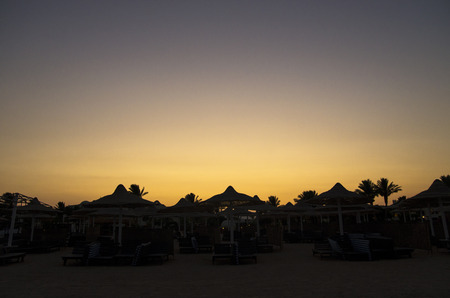 Equipped beach at sunsetの写真素材