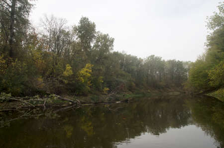 Landscape of an autumn river with trees on the bankの写真素材