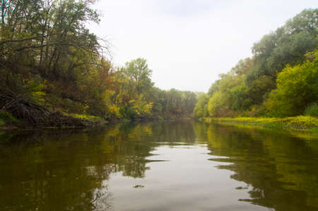 Autumn landscape with a river and treesの写真素材