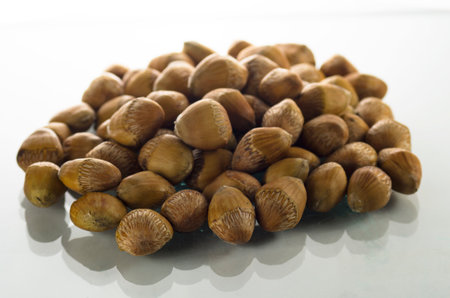 A bunch of hazelnuts on a white backgroundの写真素材