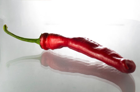 One bitter red pepper on a white backgroundの写真素材