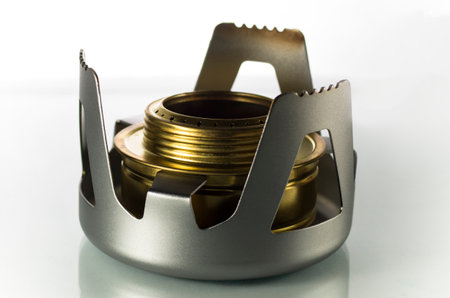 Camping alcohol burner on white backgroundの写真素材