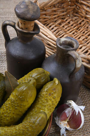 close up of the pickled cucumber cherking rural on hessianの写真素材