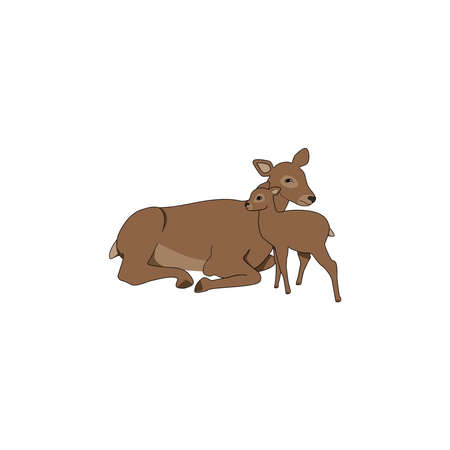 A deer cares for a fawn. A deer rests next to a fawn. A caring deer mother warms the fawn. Vector image of siberian deer and fawn. The image is suitable for illustrating Mothers Day.のイラスト素材