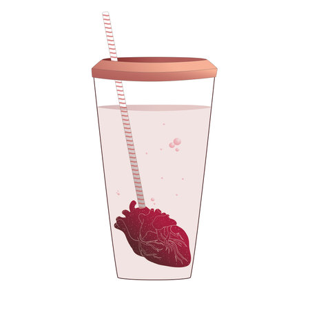 A drink from the heart in a glass that is pierced by a straw. Vector illustration.のイラスト素材