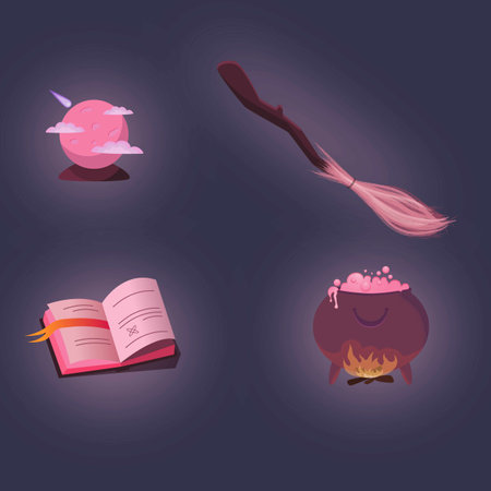 A set of mystical and magical elements. vector illustration. Items for divination and magic. Mushrooms, broom, candles, potions, . A symbol of witchcraft. Suitable for banner, poster, postcards.のイラスト素材