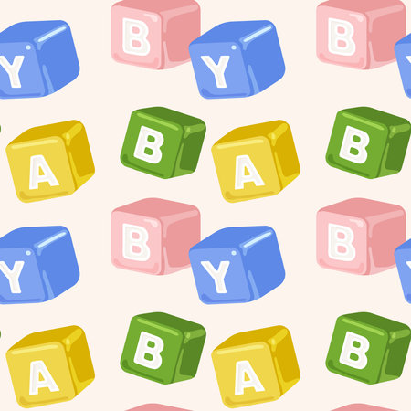 Seamless pattern with wooden cubes composed of the words baby, color vector illustration.のイラスト素材