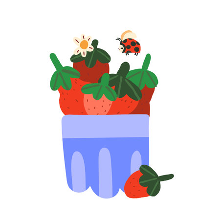 Strawberry in basket and ladybug hand drawn vector illustration for invitation card poster banner wallpaper paper wrap.のイラスト素材