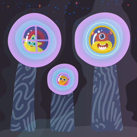 Vector illustration of a aliens and colorful aliens houses on a another planet. Trip across the galaxyのイラスト素材