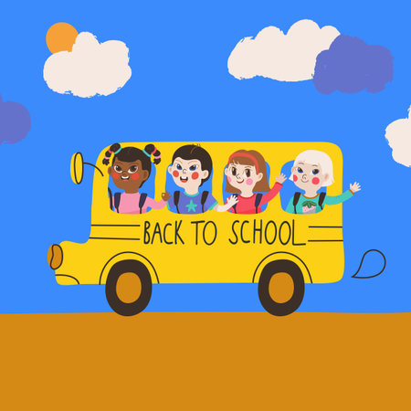 Vector illustration of a yellow school bus with funny cute kids inside and clouds, for Back to...