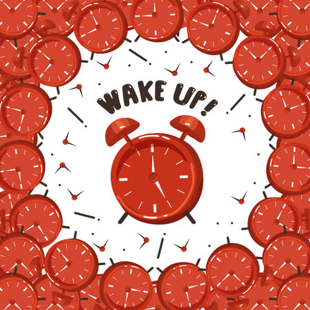 Vector illustration with a frame of red alarm clocks and an alarm clock in the center with the quote wake upのイラスト素材