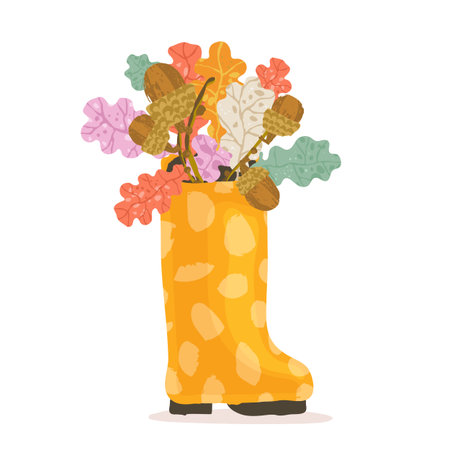 Rubber autumn yellow boots with bright autumn leaves inside. Vector illustration.Perfect template for card, poster.のイラスト素材