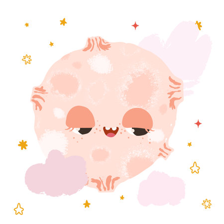 Cute pink moon with a smile on its face surrounded by stars and clouds, vector illustration.のイラスト素材