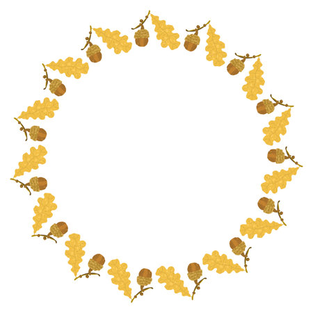 Wreath yellow leaves and cute acorns oa a white background.のイラスト素材