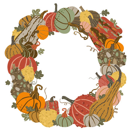 Wreath of pumpkins and squash with a white background and it looks like a fall decoration.のイラスト素材