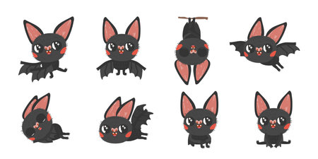 Set of cute bats with different poses and expressions. Scene is lighthearted and playful.のイラスト素材