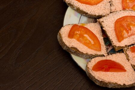 sandwich bread tomato butter plateの写真素材